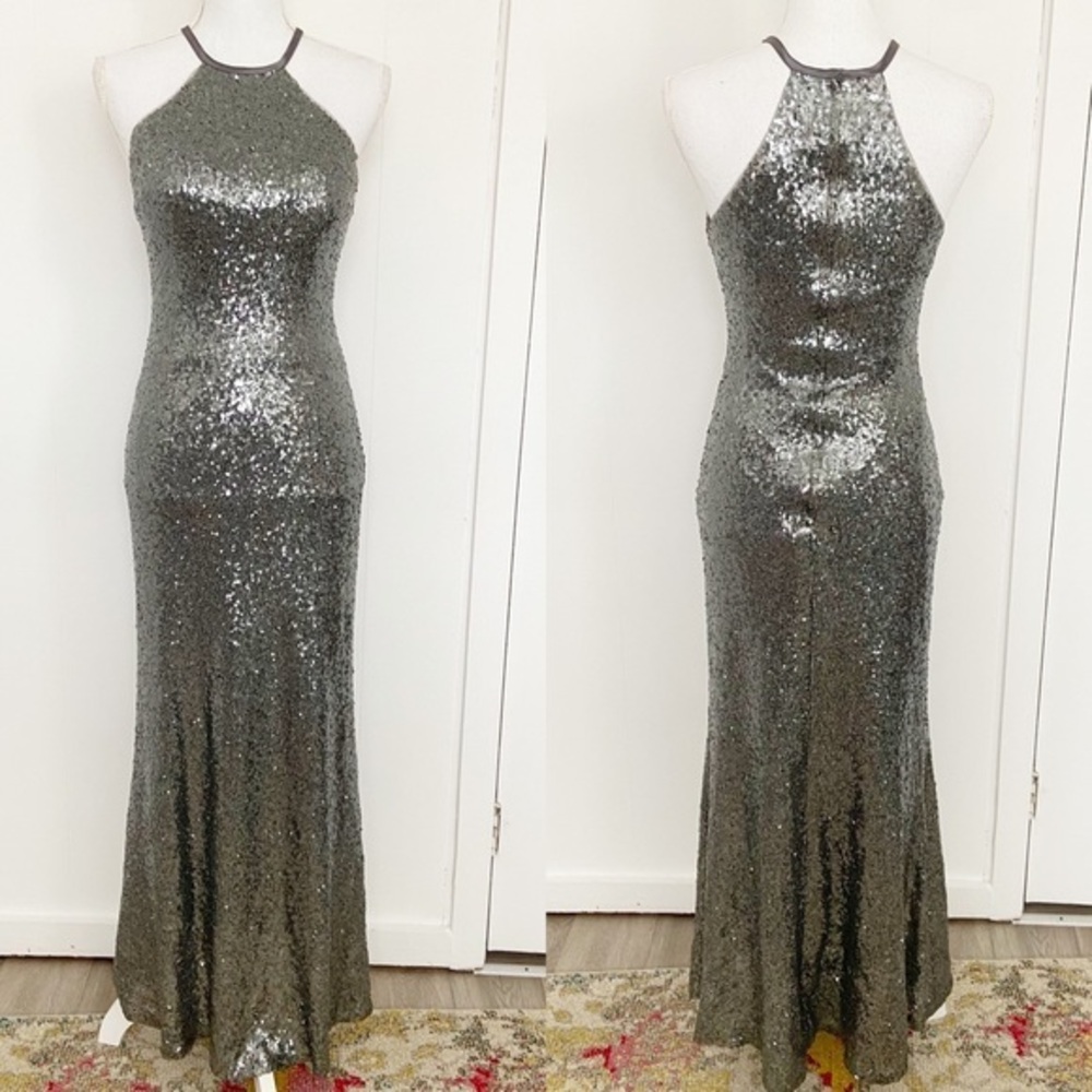 Christina Wu silver charcoal sequin gown floor length high neck halter style 4